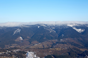 Image showing Winter panorama of mountains on a sunny day. Carpathians, Ukraine