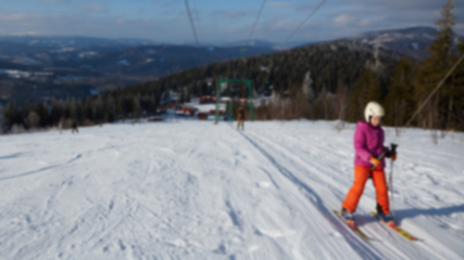 Image showing Blur panoramic view of sport resort for winter vacation. Skies with back light. Warm filter with original sun color tones