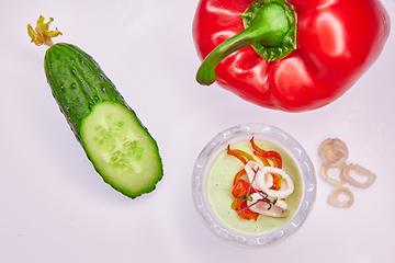 Image showing Appetizer in a glass. Puree from squid and vegetables. Healthy food. Top view
