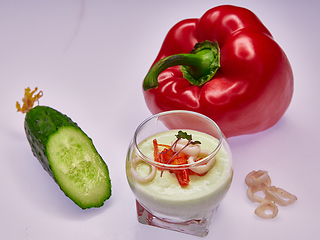 Image showing Appetizer in a glass. Puree from squid and vegetables. Healthy food. Top view