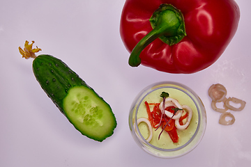 Image showing Appetizer in a glass. Puree from squid and vegetables. Healthy food. Top view