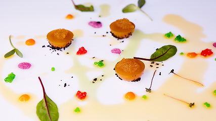 Image showing vegetable jelly with pike caviar dressing with sauce and green leaves