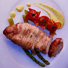 Image showing Grilled chicken fillets and vegetables, top view