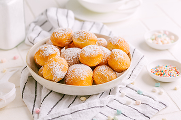 Image showing Cottage cheese donuts balls with sugar in a bowl. Healthy curd d