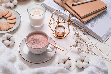 Image showing Hot chocolate and cocoa, autumn and winter still life with candl