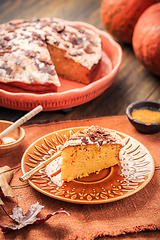 Image showing Homemade pumpkin cake with apples and fresh cheese icing