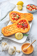 Image showing Halved roasted butternut squash with spicy vegetable filling and