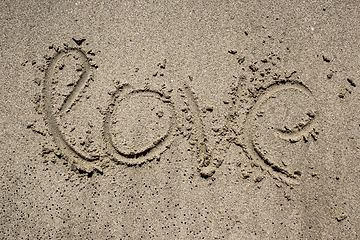 Image showing inscription on sand near sea and waves. Love