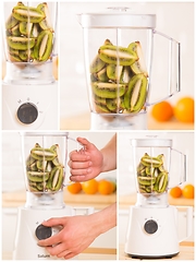 Image showing Young man cooking kiwi smoothie in blender