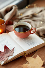 Image showing cup of coffee, book on window sill in autumn