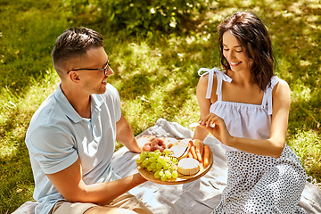 Image showing happy couple having picnic at summer park