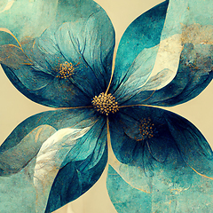 Image showing Blue and golden watercolor flower Illustration for prints, wall 