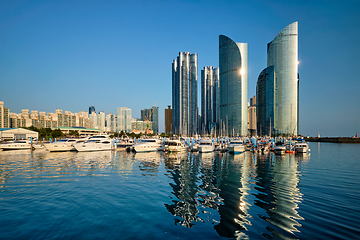 Image showing Busan marina with yachts on sunset, South Korea