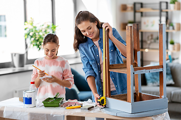 Image showing mother and daughter with ruler measuring old table