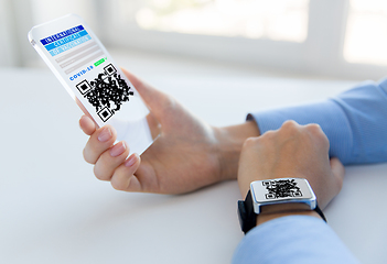 Image showing hands with virtual immunity passport on smartphone