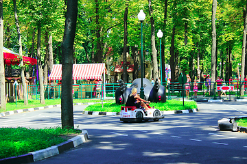 Image showing children with their parents drive the electric cars