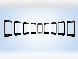 Image showing smart-phones in row on the light blue gradient background