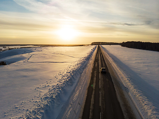 Image showing Aerial view of a winter road