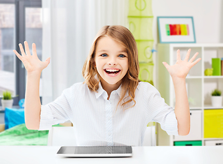 Image showing happy laughing student girl with tablet pc at home