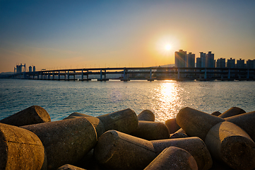 Image showing Gwangan bridge on sunset. Busan, South Korea