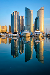 Image showing Busan marina with yachts on sunset, South Korea