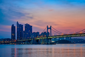 Image showing Gwangan Bridge on sunrise. Busan, South Korea