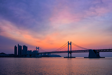 Image showing Gwangan Bridge on sunrise. Busan, South Korea