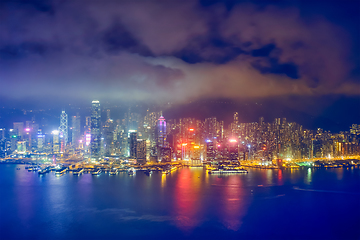 Image showing Aerial view of illuminated Hong Kong skyline. Hong Kong, China