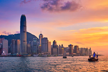 Image showing Junk boat in Hong Kong Victoria Harbour