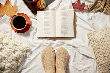 Image showing book, cup of coffee and autumn leaves in bed