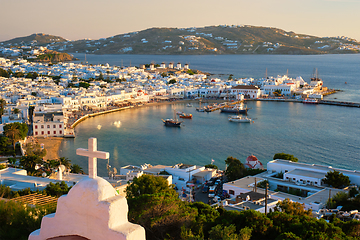 Image showing Mykonos island port with boats, Cyclades islands, Greece