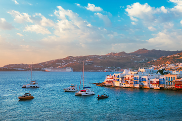 Image showing Sunset in Mykonos, Greece, with cruise ship and yachts in the harbor