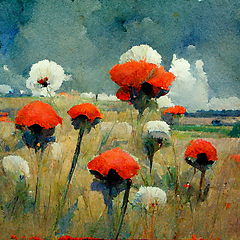 Image showing Beautiful poppy field and cloudy sky. Spring flower background, 