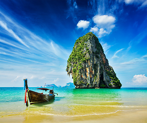 Image showing Long tail boat on beach, Thailand