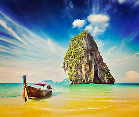 Image showing Long tail boat on beach, Thailand