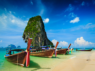 Image showing Long tail boat on beach, Thailand