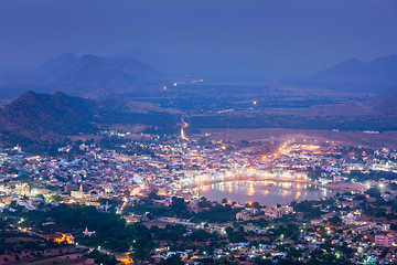 Image showing Holy city Pushkar aerial view at dusk from Savitri temple. Pushk