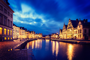 Image showing Ghent canal, Graslei and Korenlei streets in the evening. Ghent,