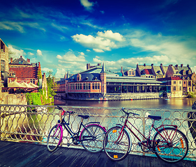 Image showing Bridge, bicycles and canal. Ghent, Belghium