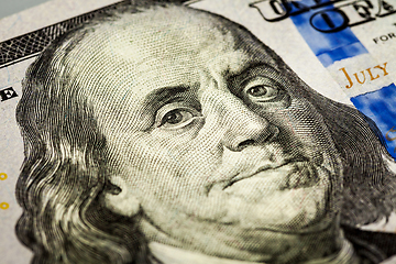 Image showing Benjamin Franklin portrait macro shot of 100 bill