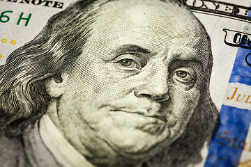 Image showing Benjamin Franklin portrait macro shot of 100 bill