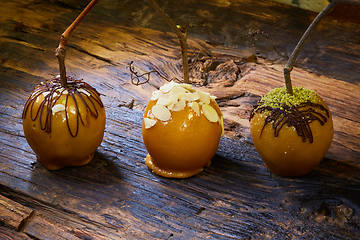 Image showing Homemade Caramel Apples on a Stick for Halloween. Organic Snack - Caramel Apples with Walnuts.