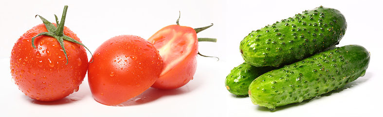 Image showing Organic tomatoes and cucumber vegetables on white background