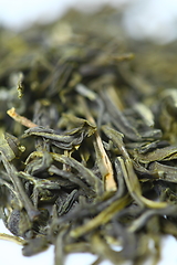 Image showing Pile of green tea on white background. Shallow dof