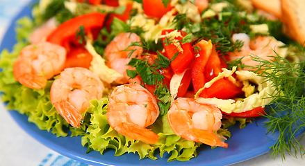Image showing Salad with shrimps, pepper, cucumbers, cabbage and herbs