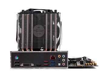 Image showing PC mainboard with CPU cooler on white