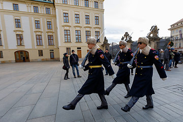 Image showing Castle Guard marching for changing of guards in front of Prague\'s castle