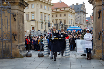 Image showing Castle Guard marching for changing of guards in front of Prague\'s castle