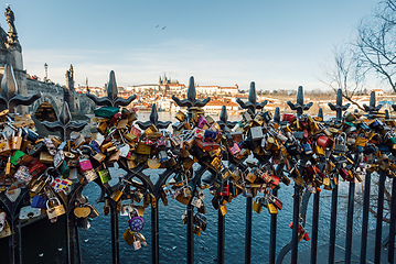 Image showing Lots of love locks attached to railings near to Charles Bridge