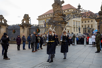 Image showing Castle Guard marching for changing of guards in front of Prague\'s castle